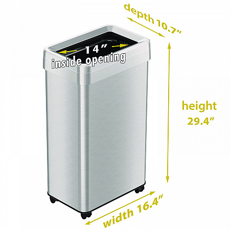 Open Top Trash Can with Wheels, 18 gal, Plastic Stainless Steel, Silver (HLS18UOTM)