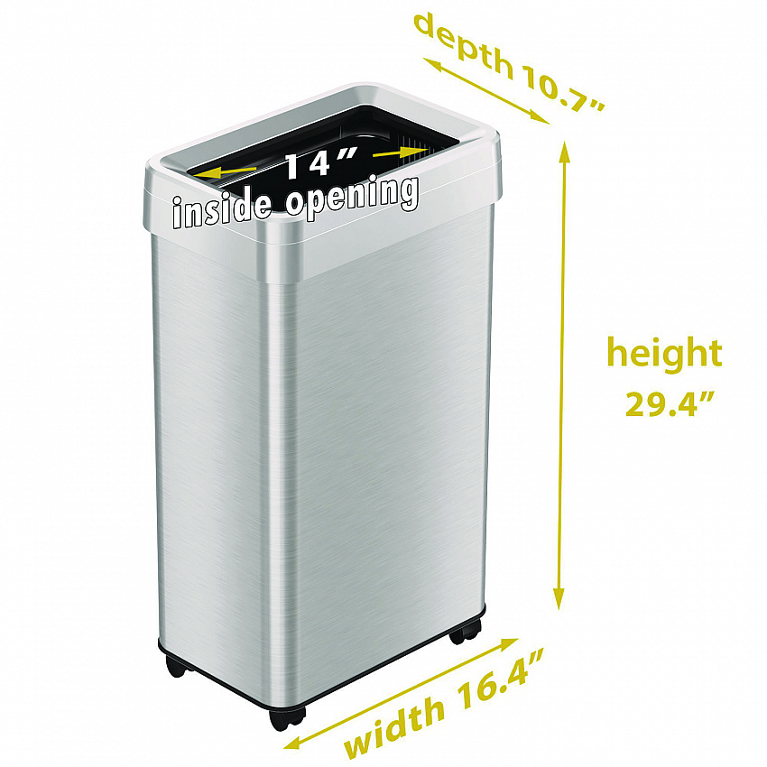 Open Top Trash Can with Wheels, 18 gal, Plastic Stainless Steel, Silver (HLS18UOTM)
