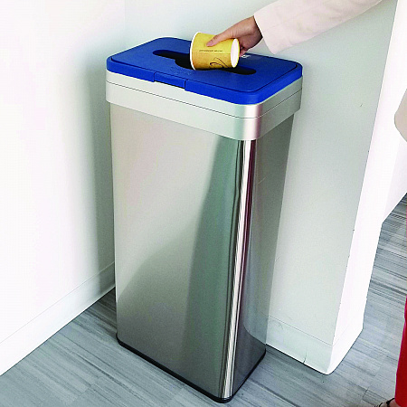Open Top Recycle Bin with Color-Coded Lid, 21 gal, Plastic/Stainless Steel, Silver/Blue (HLS21UOTREC)
