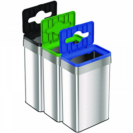 Open Top Trash Can/Recycle Bin/Compost Bin w/Color-Coded Lids Set, 21 gal, Plastic/Stainless Steel, Silver/Black/Blue/Green (HLS21UOTTRIO)