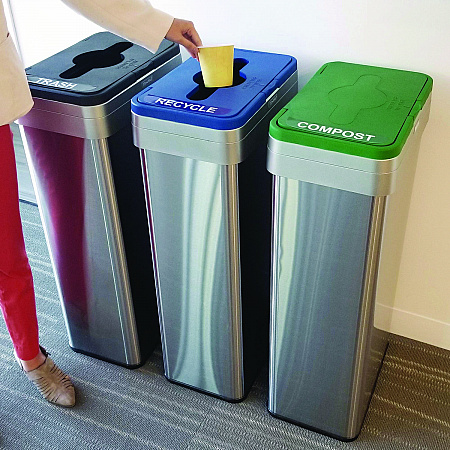 Open Top Trash Can/Recycle Bin/Compost Bin w/Color-Coded Lids Set, 21 gal, Plastic/Stainless Steel, Silver/Black/Blue/Green (HLS21UOTTRIO)