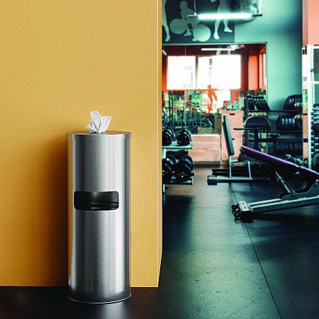 Side-Entry Trash Can with Gym Wipe Dispenser, 9 gal, Stainless Steel, Silver (HLSC09WSR)