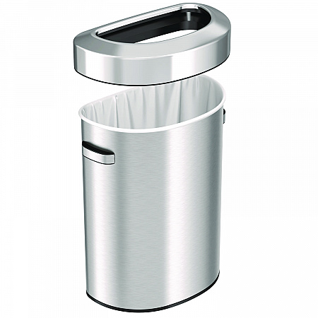 Open Top Trash Can, Half-Round, 18 gal, Plastic/Stainless Steel, Silver (HLS18DOT)