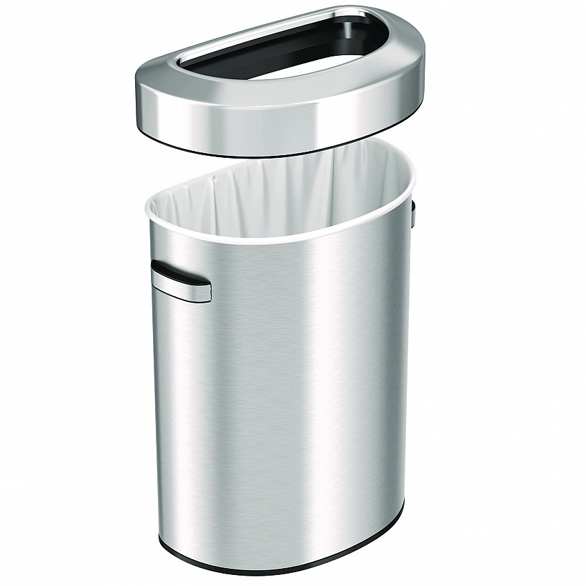 Open Top Trash Can, Half-Round, 18 gal, Plastic/Stainless Steel, Silver (HLS18DOT)