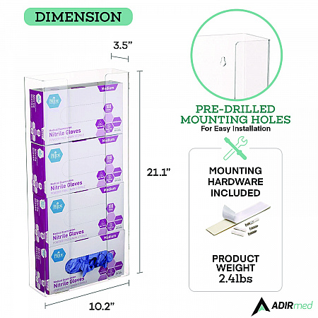 Acrylic Glove Dispenser, Quad Box Capacity, 10.2 x 3.5 x 21.1, Clear (I90204)