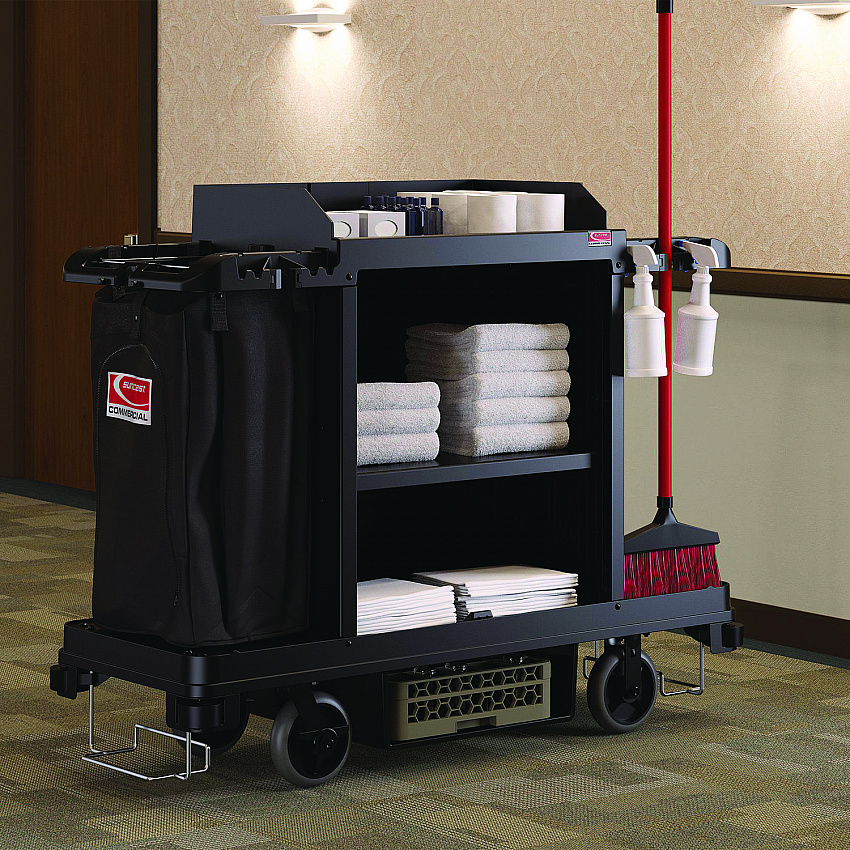 Standard Housekeeping Cart, Plastic, 1 Shelf, 24" x 62.13" x 49.75", Black (HKC1000)