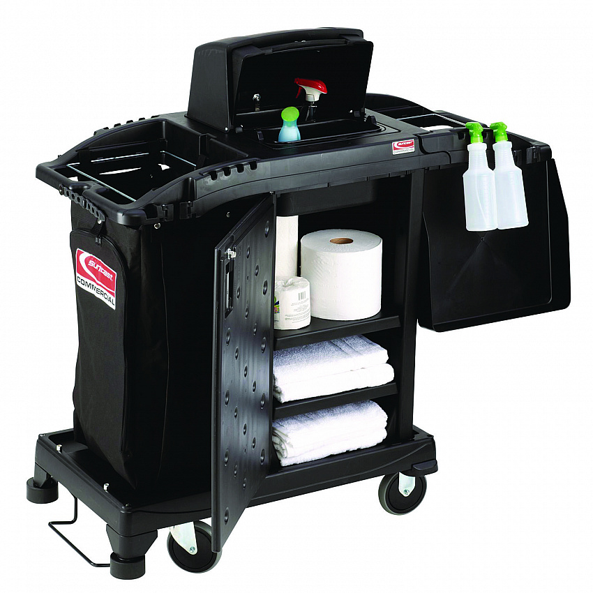 Compact Premium Housekeeping Cart, Plastic, 1 Shelf, 23.25" x 53.22" x 53.06", Black (HKCCH200)