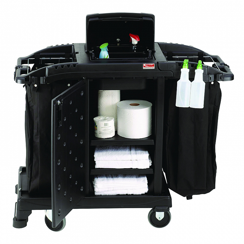 Compact Premium Housekeeping Cart, Plastic, 1 Shelf, 23.25" x 53.22" x 53.06", Black (HKCCH200)