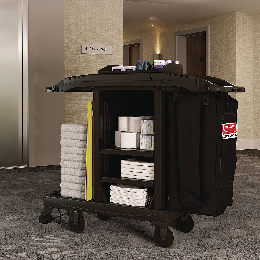 Compact Standard Housekeeping Cart, Plastic, 1 Shelf, 23.25" x 53.18" x 46.57", Black (HKCCT100)