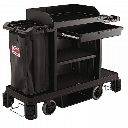 Partially Assembled Premium Housekeeping Cart, Plastic, 1 Shelf, 24 x 62.13 x 49.75, Black (HKC2002)