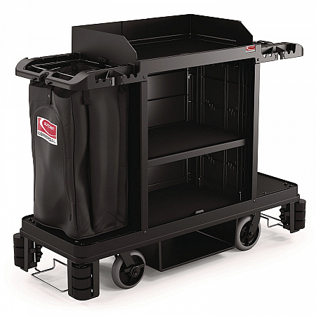 Partially Assembled Premium Housekeeping Cart, Plastic, 1 Shelf, 24 x 62.13 x 49.75, Black (HKC2002)
