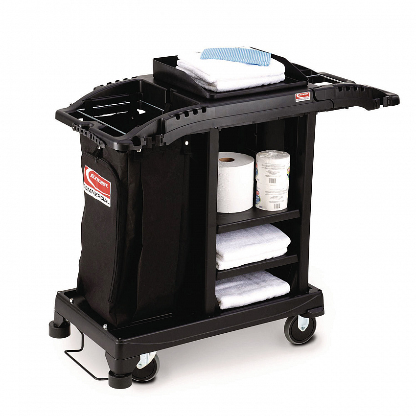 Compact Standard Housekeeping Cart, Plastic, 1 Shelf, 23.25" x 53.18" x 46.57", Black (HKCCT100)