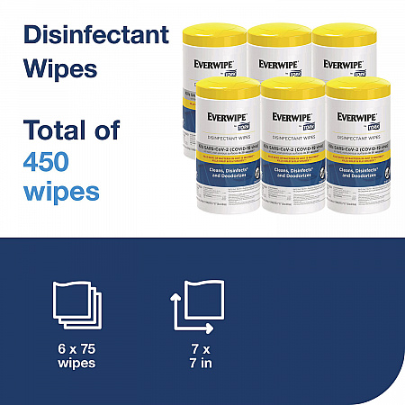 Everwipe by Tork Disinfectant Wipe Canisters, 1-Ply, 7 x 7, Lemon, White, 75 Sheets/Canister, 6/Carton (192820)