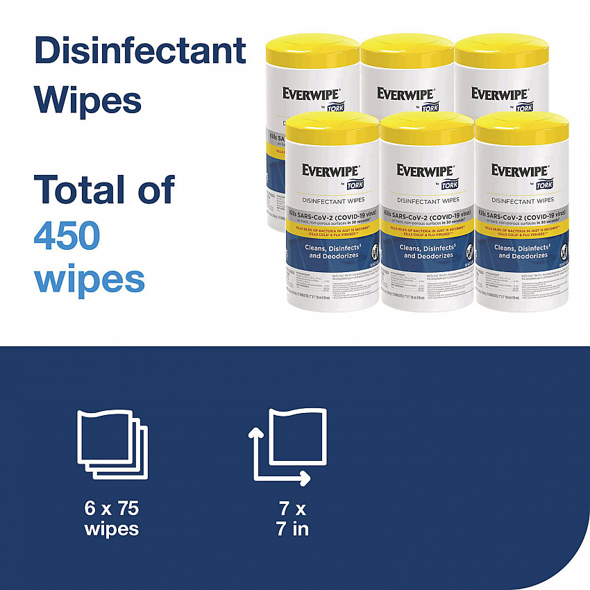 Everwipe by Tork Disinfectant Wipe Canisters, 1-Ply, 7 x 7, Lemon, White, 75 Sheets/Canister, 6/Carton (192820)