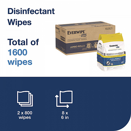 Disinfectant Wipe Jumbo Rolls, 1-Ply, 8 x 6, Lemon, White, 800 Sheets, 2/Carton (192821)