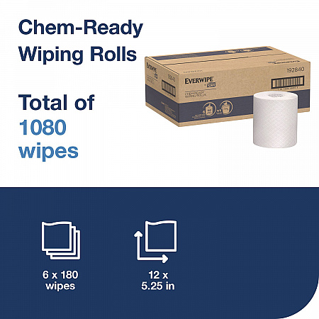 Chem-Ready Wiping Rolls, 1-Ply, 12 x 5.25, White, 180 Sheets, 6 Rolls/Carton (192840)