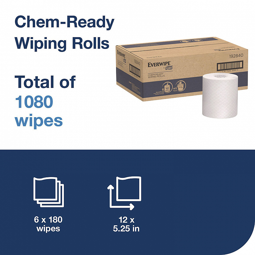 Chem-Ready Wiping Rolls, 1-Ply, 12 x 5.25, White, 180 Sheets, 6 Rolls/Carton (192840)