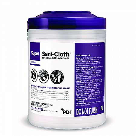 Super Sani-Cloth Germicidal Disposable Wipes, 1-Ply, 6 x 6.75, Unscented, White, 160/Canister, 12 Canisters/Carton (Q55172)