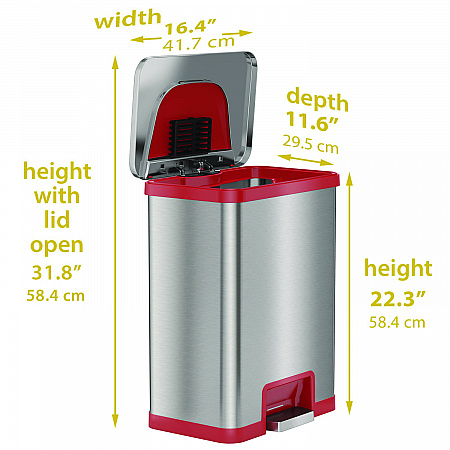 Step Pedal-Sensor Trash Can, 13 gal, Plastic/Stainless Steel, Silver/Red (HLS13SR)