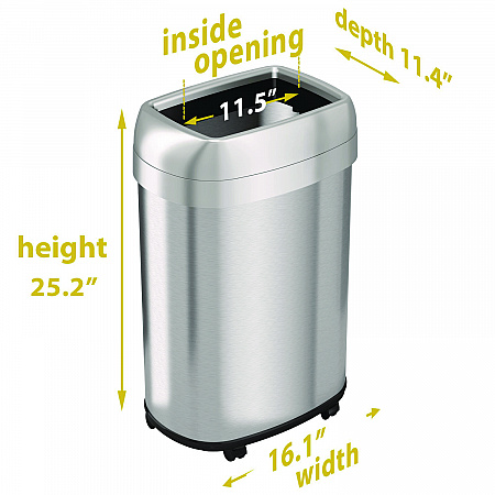 Open Top Trash Can with Wheels, Oval, 13 gal, Plastic/Stainless Steel, Silver (HLS13STVM)