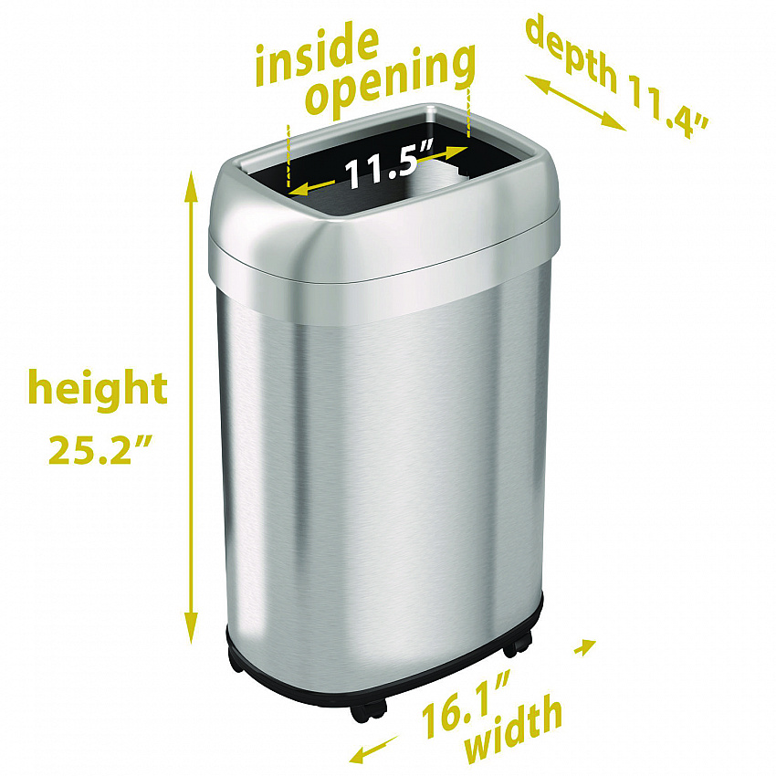 Open Top Trash Can with Wheels, Oval, 13 gal, Plastic/Stainless Steel, Silver (HLS13STVM)