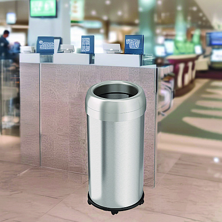 Open Top Trash Can with Wheels, Round, 16 gal, Plastic/Stainless Steel, Silver (HLS16STRM)