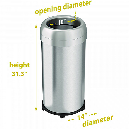 Open Top Trash Can with Wheels, Round, 16 gal, Plastic/Stainless Steel, Silver (HLS16STRM)
