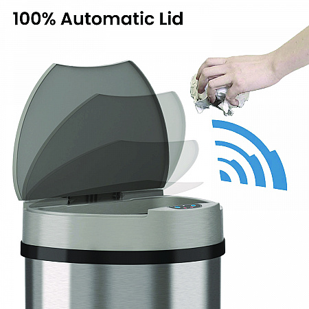 Sensor Trash Can, Half-Round Cylinder, 13 gal, Plastic/Stainless Steel, Silver (HLS13HX)