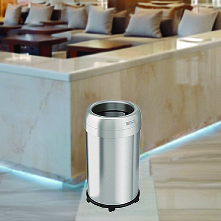 Open Top Trash Can with Wheels, Round, 13 gal, Plastic/Stainless Steel, Silver (HLS13STRM)