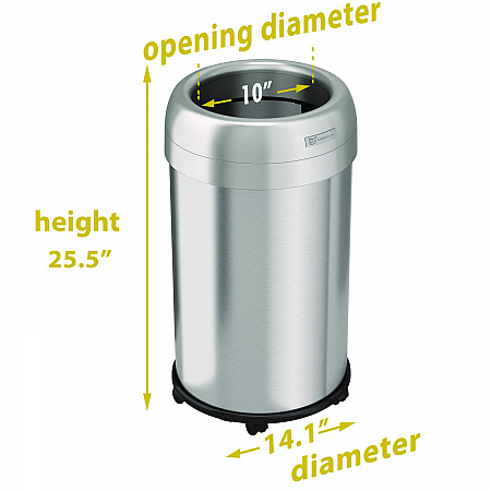 Open Top Trash Can with Wheels, Round, 13 gal, Plastic/Stainless Steel, Silver (HLS13STRM)