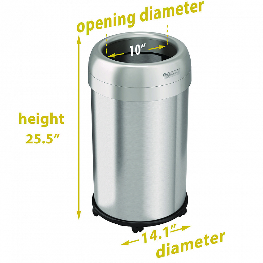 Open Top Trash Can with Wheels, Round, 13 gal, Plastic/Stainless Steel, Silver (HLS13STRM)