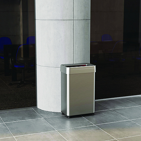 Open Top Trash Can with Wheels, Rectangular, 16 gal, Plastic/Stainless Steel, Silver (HLS16UOTM)