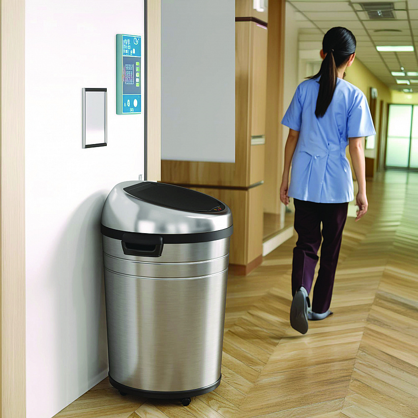 Extra-Large Sensor Trash Can with Wheels, 18 gal, Plastic/Stainless Steel (HLS18RC)