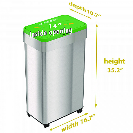Open Top Compost Bin with Wheels and Color-Coded Lid, 21 gal, Plastic/Stainless Steel, Silver/Green (HLS21UOTMCOP)