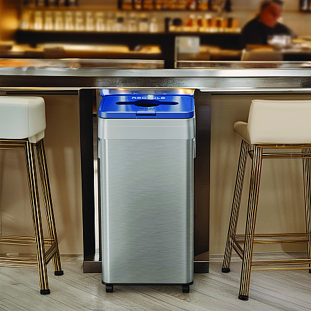 Open Top Recycling Bin with Wheels and Color-Coded Lid, 21 gal, Plastic/Stainless Steel, Silver/Blue (HLS21UOTMREC)