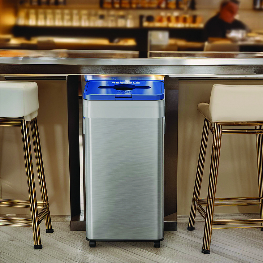 Open Top Recycling Bin with Wheels and Color-Coded Lid, 21 gal, Plastic/Stainless Steel, Silver/Blue (HLS21UOTMREC)