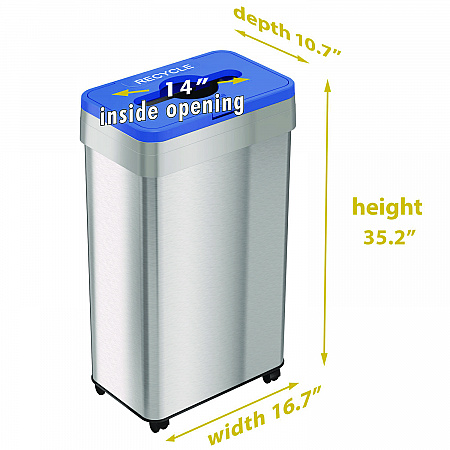 Open Top Recycling Bin with Wheels and Color-Coded Lid, 21 gal, Plastic/Stainless Steel, Silver/Blue (HLS21UOTMREC)