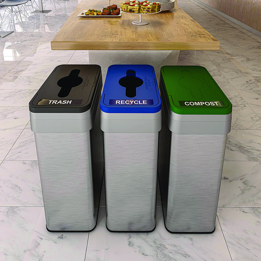Open Top Recycle Bin with Color-Coded Lid, 21 gal, Plastic/Stainless Steel, Silver/Blue (HLS21UOTREC)