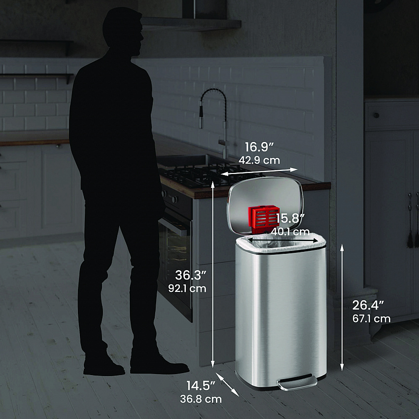Step Pedal Trash Can, 13 gal, Plastic/Stainless Steel, Silver (HLSS13R)