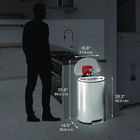 Step Pedal Trash Can, 13 gal, Half-Round Plastic/Stainless Steel, Silver (HLSS13D)