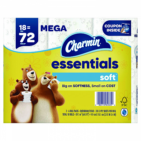 Essentials Soft Bathroom Tissue, Septic Safe, 2-Ply, White, 330 Sheets/Roll, 18 Rolls/Carton (04535)
