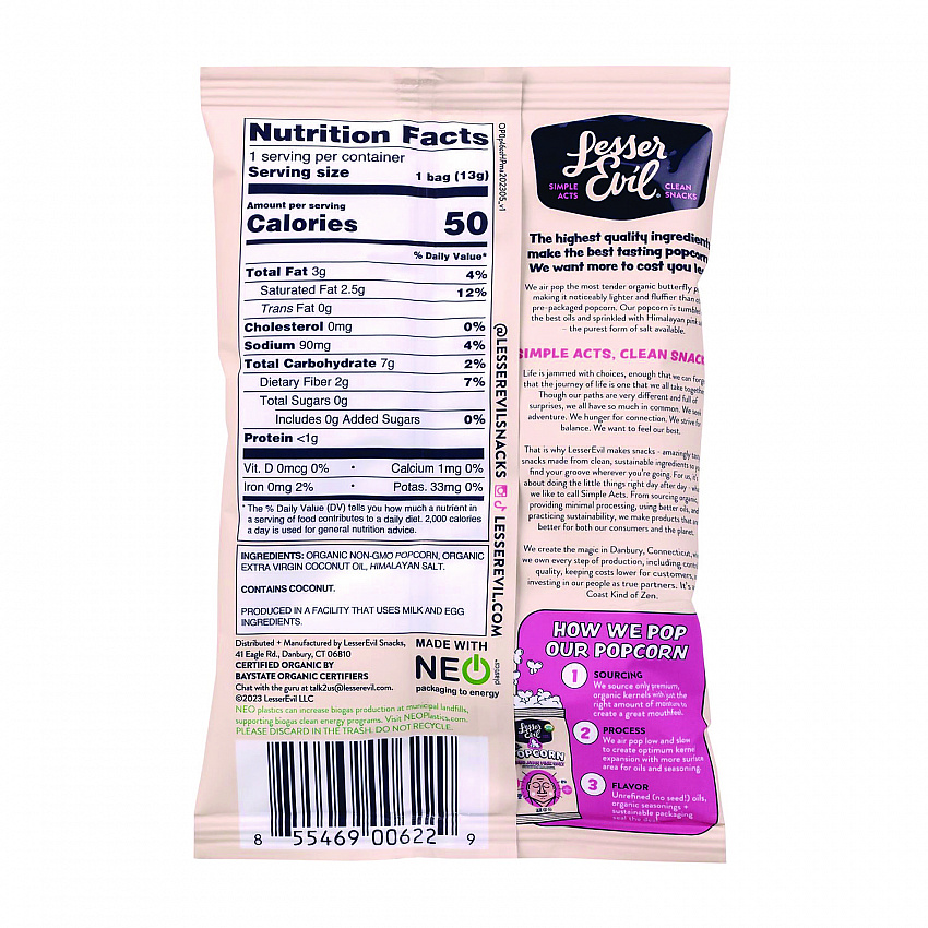 Himalayan Pink Salt Organic Popcorn, Salt, 0.46 oz Bag, 24/Carton (22001053)