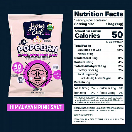 Himalayan Pink Salt Organic Popcorn, Salt, 0.46 oz Bag, 24/Carton (22001053)