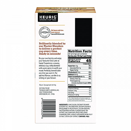 Tea K-Cups, Chai Tea with Non-Fat Milk and Sweetener, 25% Less Sugar, 0.53 oz K-Cups, 22/Box (11007)