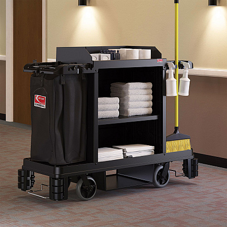 Premium Housekeeping Cart, Plastic, 1 Shelf, 24 x 62.13 x 49.75, Black (HKC2000)