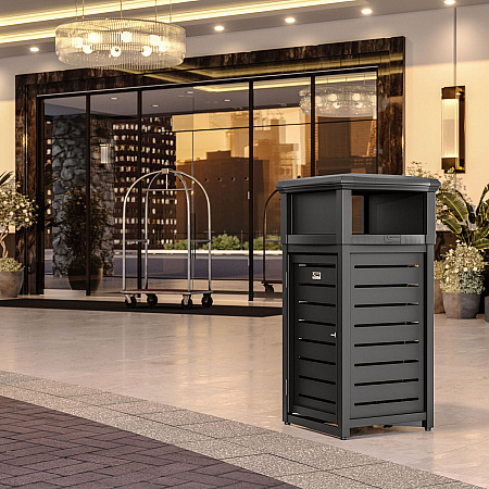 Outdoor Decorative Metal Square Trash Can with Two-Way Lid, 29 gal, Plastic, Black (MTCSQ300)