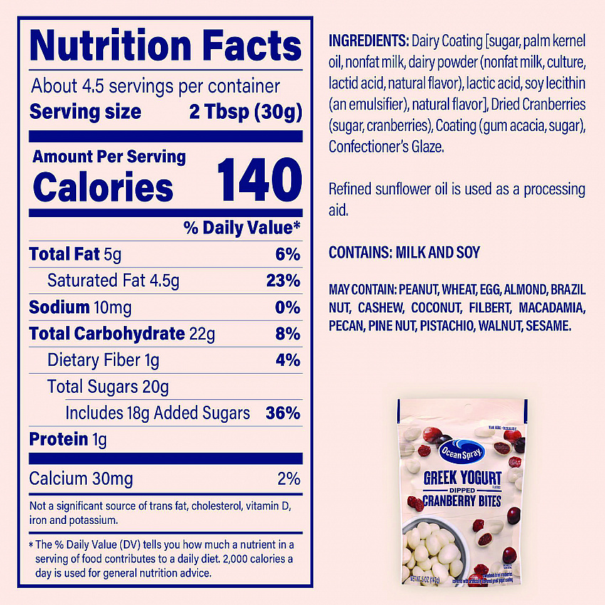 Greek Yogurt Dipped Cranberry Bites, Cranberry/Yogurt, 5 oz Bag, 12/Carton (22002298)