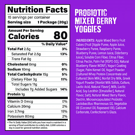 Probiotic Yoggies Variety Snack Pack, Assorted Flavors, 0.7 oz Bag, 30/Carton (22002303)