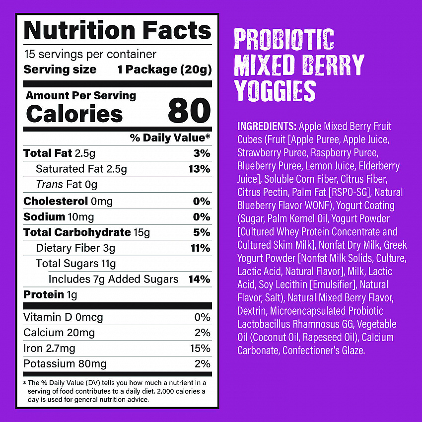 Probiotic Yoggies Variety Snack Pack, Assorted Flavors, 0.7 oz Bag, 30/Carton (22002303)