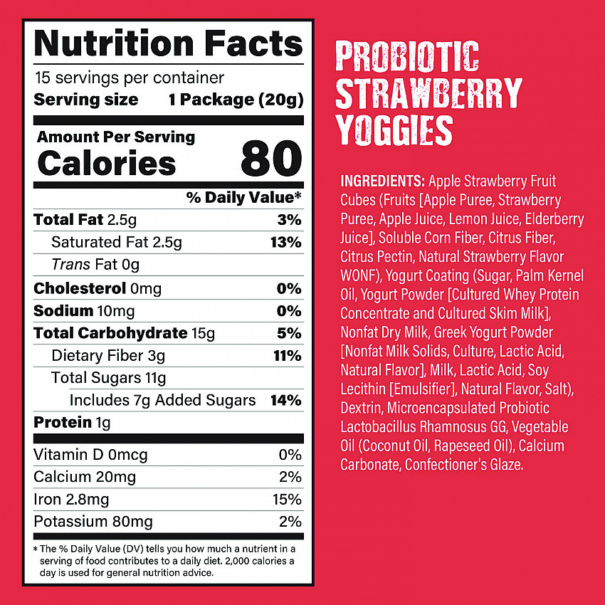 Probiotic Yoggies Variety Snack Pack, Assorted Flavors, 0.7 oz Bag, 30/Carton (22002303)
